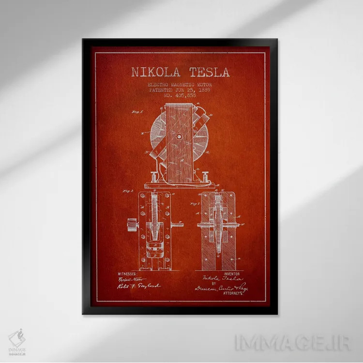 تابلو نقشهٔ اختراع الکتروموتور (قرمز قدیمی) اثر پیکسل کهنه (استودیو/نام هنری) - نمای قابدار مشکی