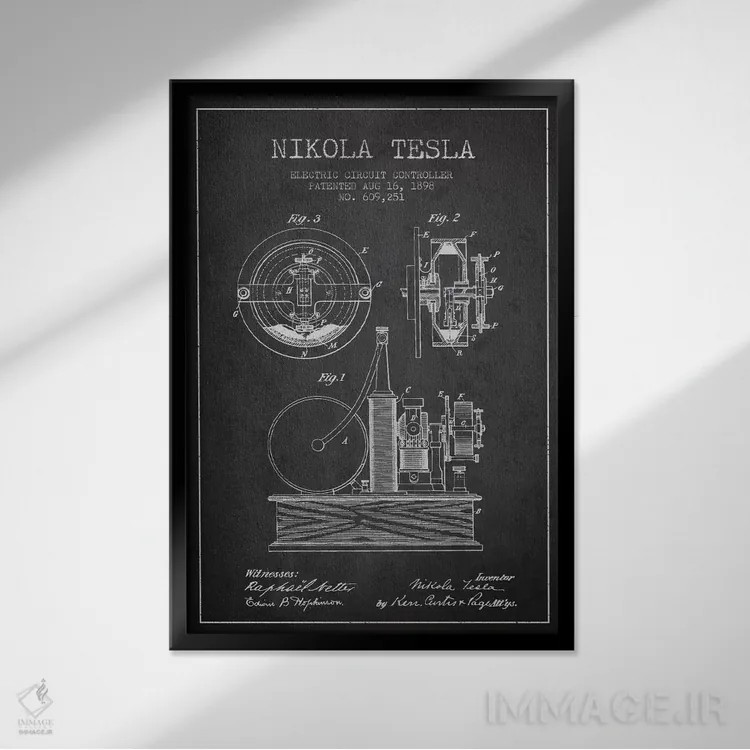 تابلو نقشهٔ اختراع مدار الکتریکی (ذغالی) اثر پیکسل کهنه (استودیو/نام هنری) - نمای قابدار مشکی