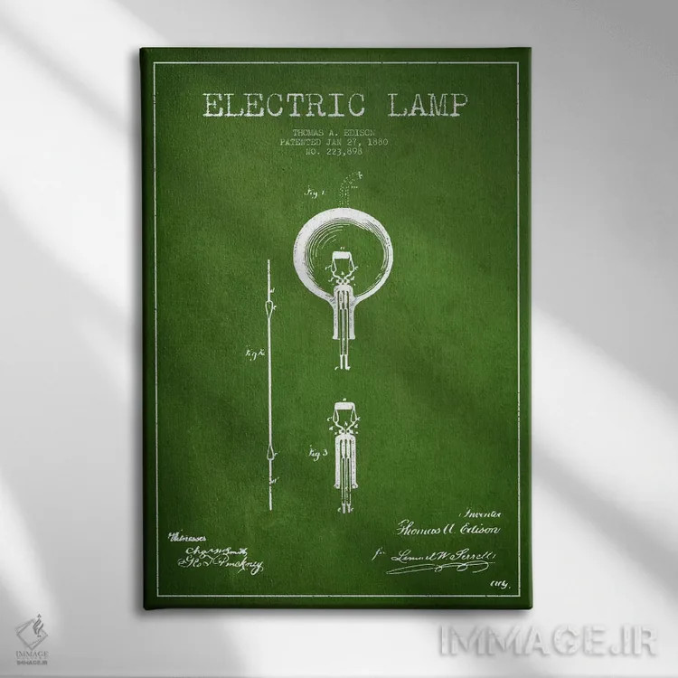 تابلو نقشهٔ اختراع چراغ برقی (سبز) اثر پیکسل کهنه (استودیو/نام هنری) - نمای روبهرو روی دیوار