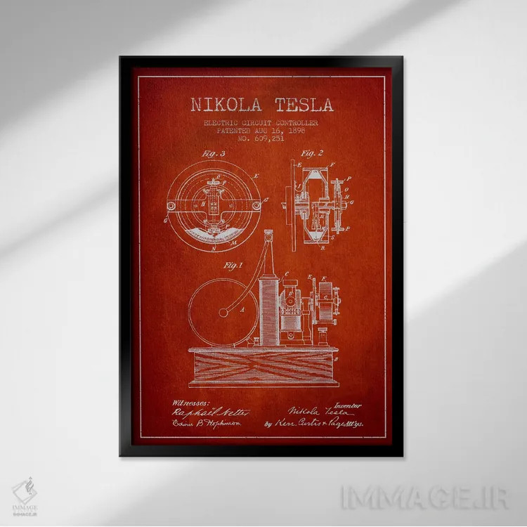 تابلو نقشهٔ اختراع مدار الکتریکی (قرمز) اثر پیکسل کهنه (استودیو/نام هنری) - نمای قابدار مشکی