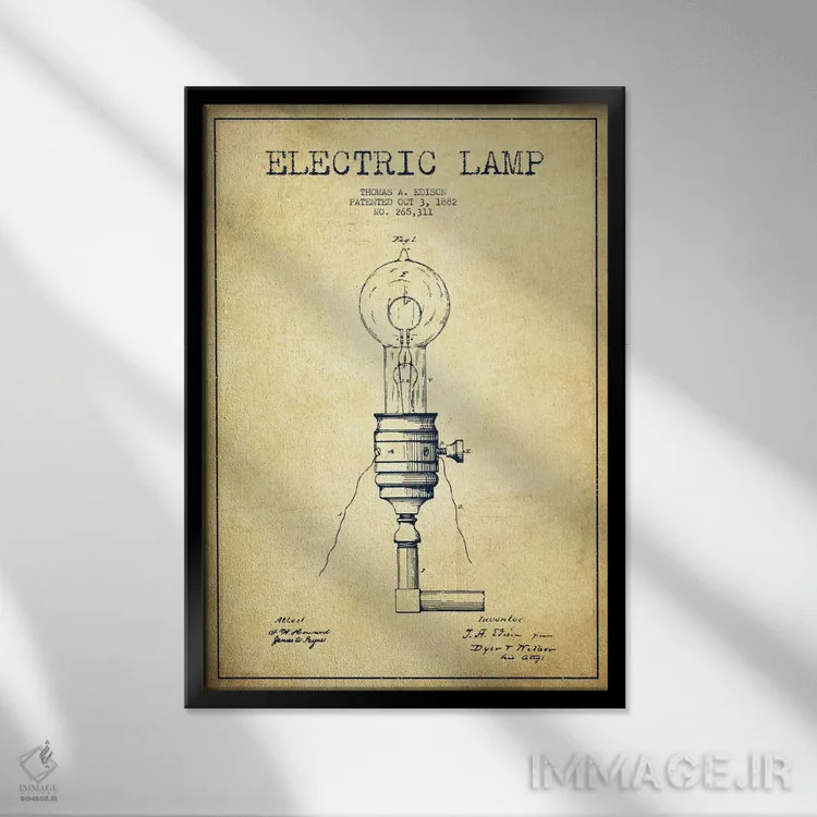 تابلو نقشهٔ اختراع چراغ برقی (قدیمی) اثر پیکسل کهنه (استودیو/نام هنری) - نمای قابدار مشکی