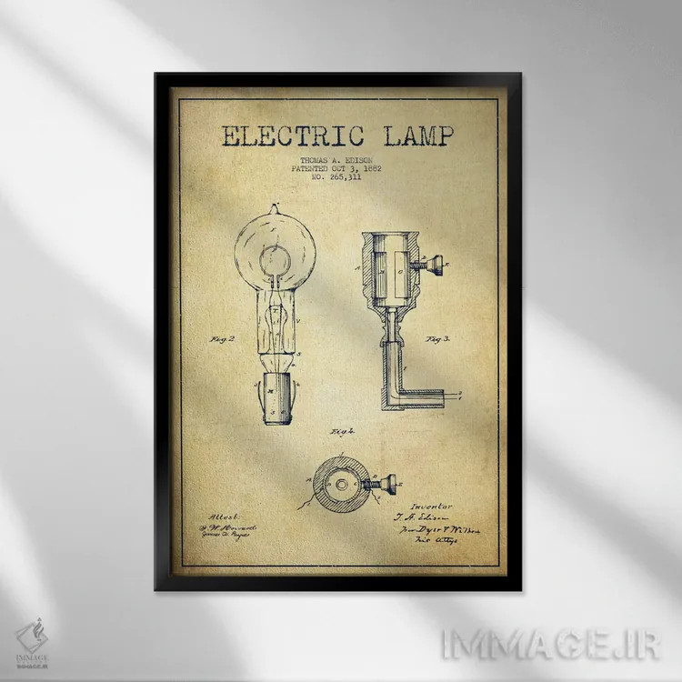 تابلو نقشهٔ اختراع چراغ برقی (قدیمی) اثر پیکسل کهنه (استودیو/نام هنری) - نمای قابدار مشکی