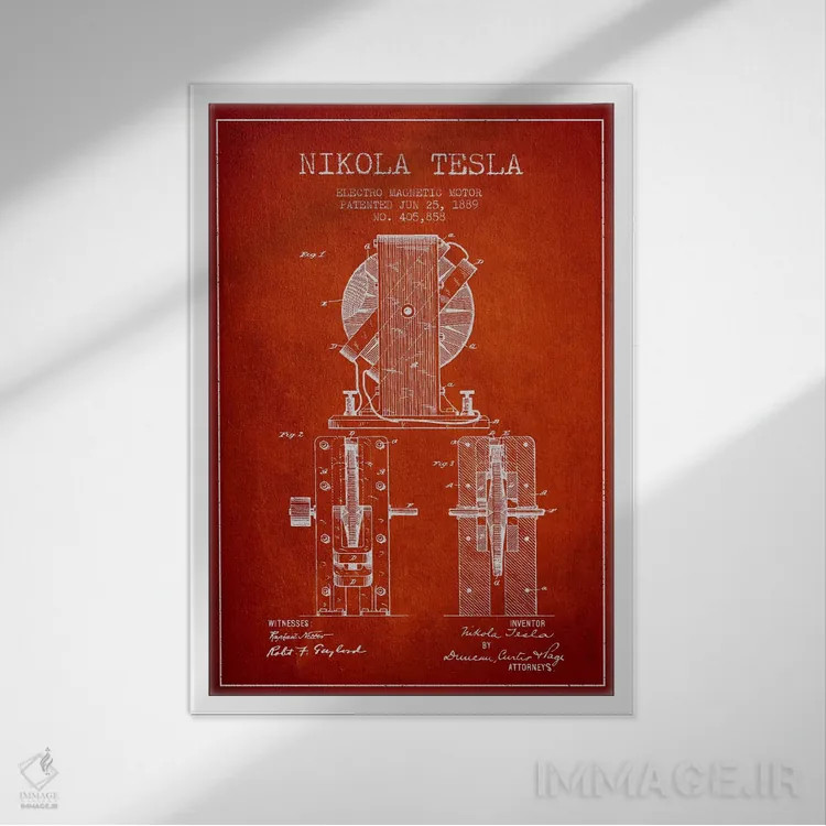 تابلو نقشهٔ اختراع الکتروموتور (قرمز قدیمی) اثر پیکسل کهنه (استودیو/نام هنری) - نمای قابدار سفید