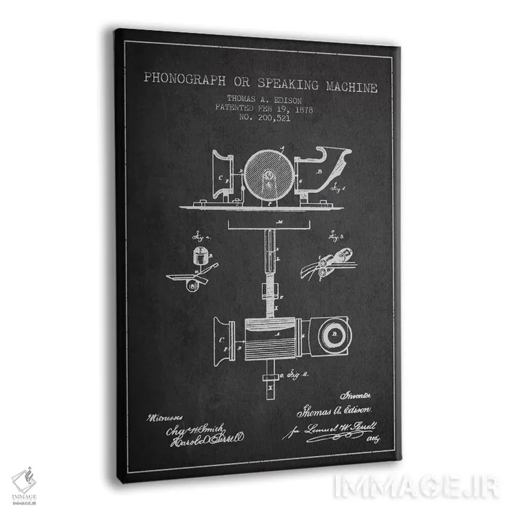 تابلو نقشهٔ اختراع گرامافون (ذغالی) اثر پیکسل کهنه (استودیو/نام هنری) - نمای پرسپکتیو محصول
