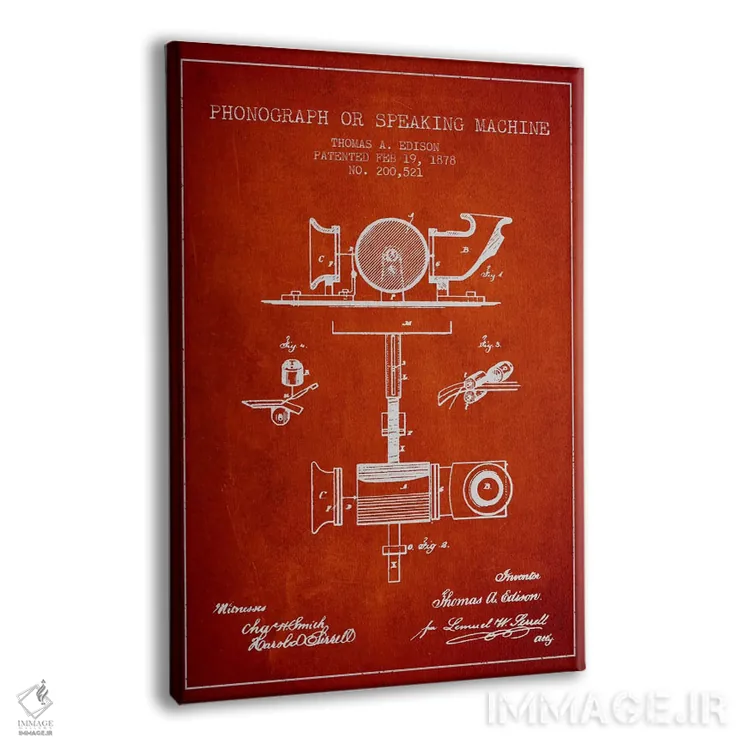 تابلو نقشهٔ اختراع گرامافون (قرمز) اثر پیکسل کهنه (استودیو/نام هنری) - نمای پرسپکتیو محصول
