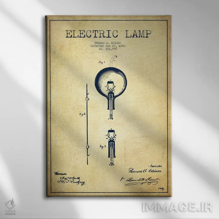 تابلو نقشهٔ اختراع چراغ برقی (قدیمی) اثر پیکسل کهنه (استودیو/نام هنری) - نمای روبهرو روی دیوار