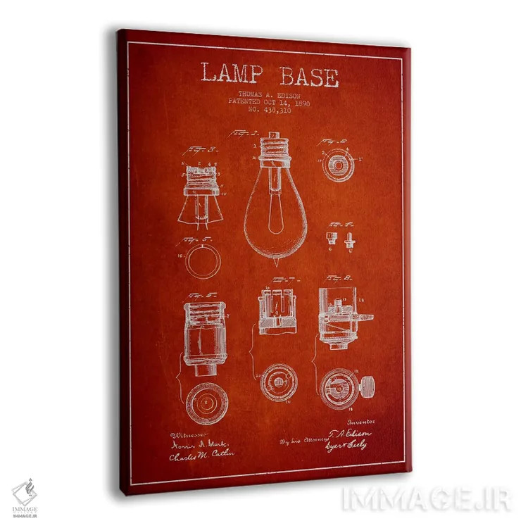تابلو نقشهٔ اختراع پایه لامپ (قرمز) اثر پیکسل کهنه (استودیو/نام هنری) - نمای پرسپکتیو محصول