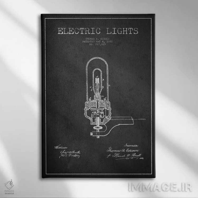 تابلو نقشهٔ اختراع چراغهای برقی (ذغالی) اثر پیکسل کهنه (استودیو/نام هنری) - نمای روبهرو روی دیوار