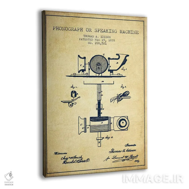تابلو نقشهٔ اختراع گرامافون (قدیمی) اثر پیکسل کهنه (استودیو/نام هنری) - نمای پرسپکتیو محصول
