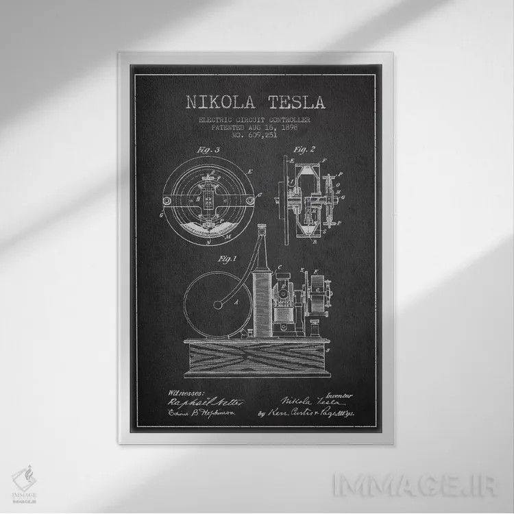 تابلو نقشهٔ اختراع مدار الکتریکی (ذغالی) اثر پیکسل کهنه (استودیو/نام هنری) - نمای قابدار سفید