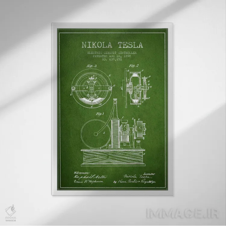 تابلو نقشهٔ اختراع مدار الکتریکی (سبز) اثر پیکسل کهنه (استودیو/نام هنری) - نمای قابدار سفید