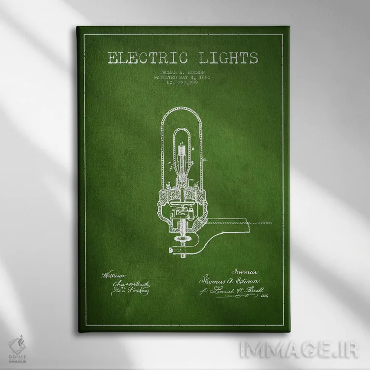 تابلو نقشهٔ اختراع چراغهای برقی (سبز) اثر پیکسل کهنه (استودیو/نام هنری) - نمای روبهرو روی دیوار