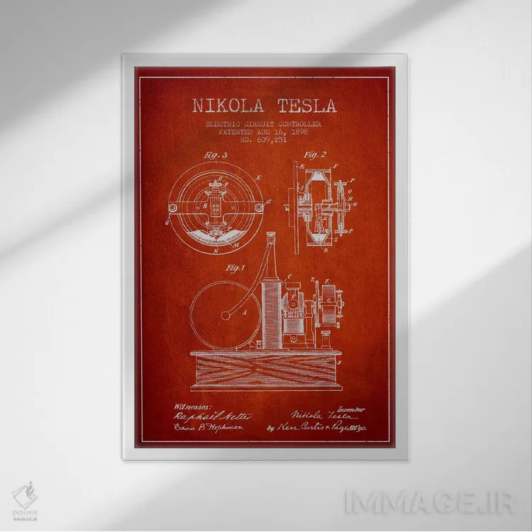 تابلو نقشهٔ اختراع مدار الکتریکی (قرمز) اثر پیکسل کهنه (استودیو/نام هنری) - نمای قابدار سفید