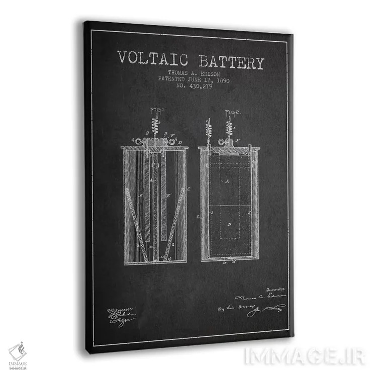 تابلو نقشهٔ اختراع باتری ولتایی (ذغالی) اثر پیکسل کهنه (استودیو/نام هنری) - نمای پرسپکتیو محصول