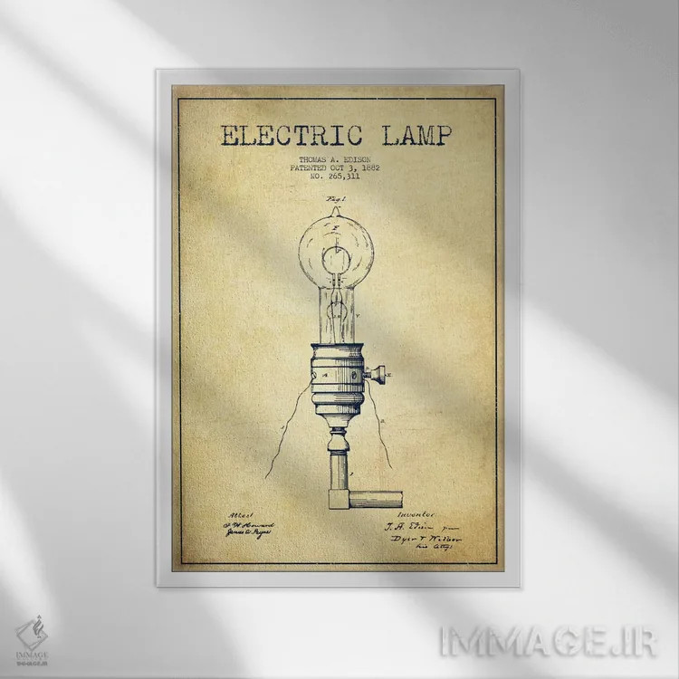 تابلو نقشهٔ اختراع چراغ برقی (قدیمی) اثر پیکسل کهنه (استودیو/نام هنری) - نمای قابدار سفید
