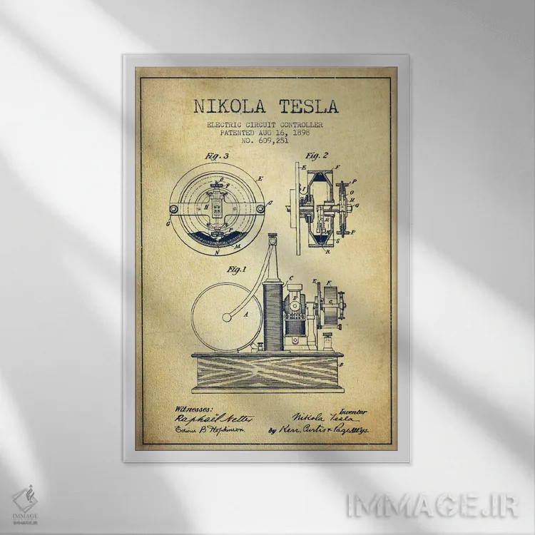 تابلو نقشهٔ اختراع مدار الکتریکی (قدیمی) اثر پیکسل کهنه (استودیو/نام هنری) - نمای قابدار سفید