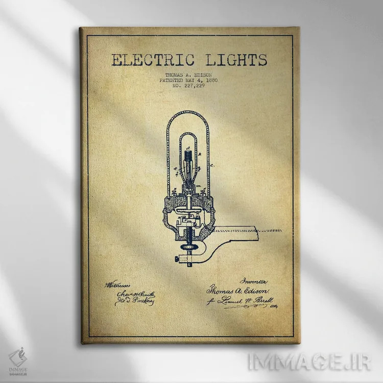تابلو نقشهٔ اختراع چراغهای برقی (قدیمی) اثر پیکسل کهنه (استودیو/نام هنری) - نمای روبهرو روی دیوار