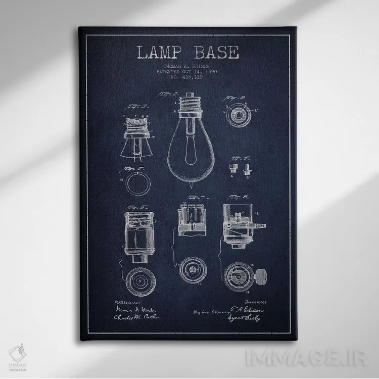 تابلو نقشهٔ اختراع پایه لامپ (سرمهای) اثر پیکسل کهنه (استودیو/نام هنری) - نمای روبهرو روی دیوار