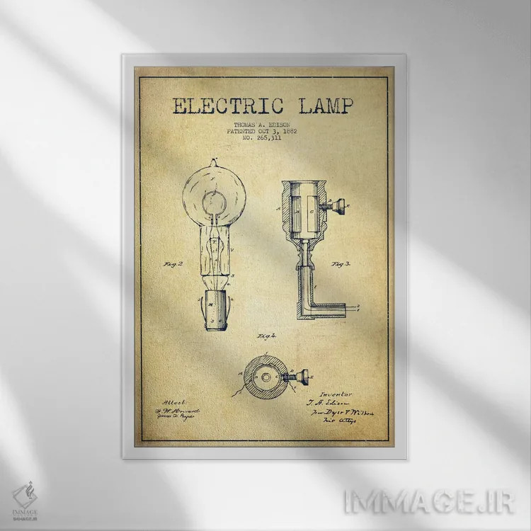 تابلو نقشهٔ اختراع چراغ برقی (قدیمی) اثر پیکسل کهنه (استودیو/نام هنری) - نمای قابدار سفید