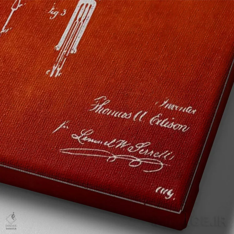 تابلو نقشهٔ اختراع چراغ برقی (قرمز) اثر پیکسل کهنه (استودیو/نام هنری) - نمای نزدیک بافت بوم