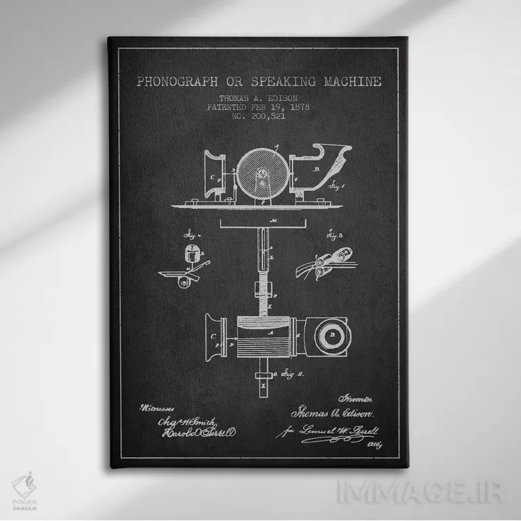 تابلو نقشهٔ اختراع گرامافون (ذغالی) اثر پیکسل کهنه (استودیو/نام هنری) - نمای روبهرو روی دیوار
