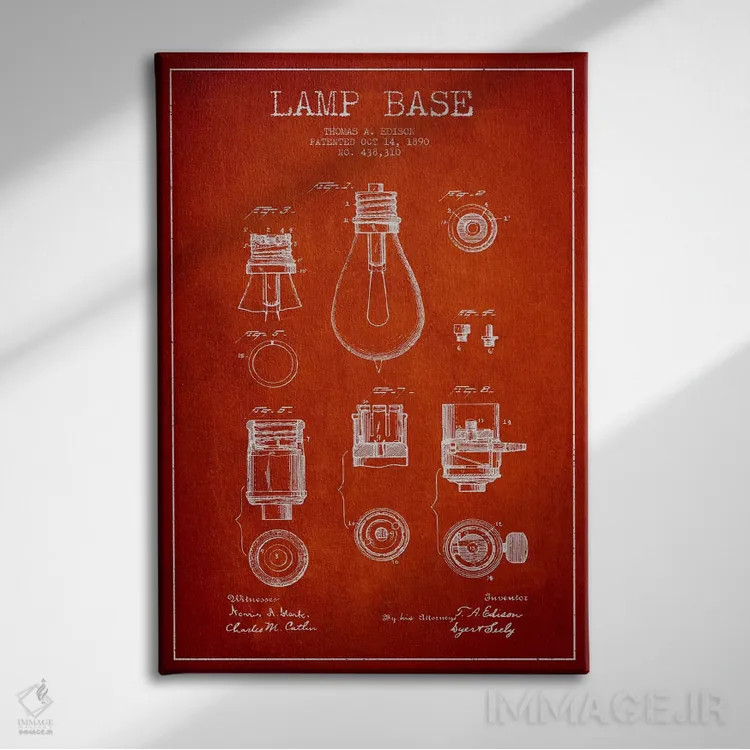 تابلو نقشهٔ اختراع پایه لامپ (قرمز) اثر پیکسل کهنه (استودیو/نام هنری) - نمای روبهرو روی دیوار