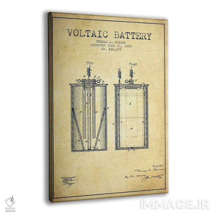 تابلو نقشهٔ اختراع باتری ولتایی (قدیمی) اثر پیکسل کهنه (استودیو/نام هنری) - نمای پرسپکتیو محصول