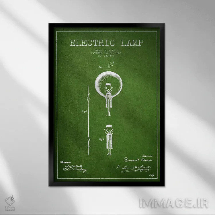 تابلو نقشهٔ اختراع چراغ برقی (سبز) اثر پیکسل کهنه (استودیو/نام هنری) - نمای قابدار مشکی