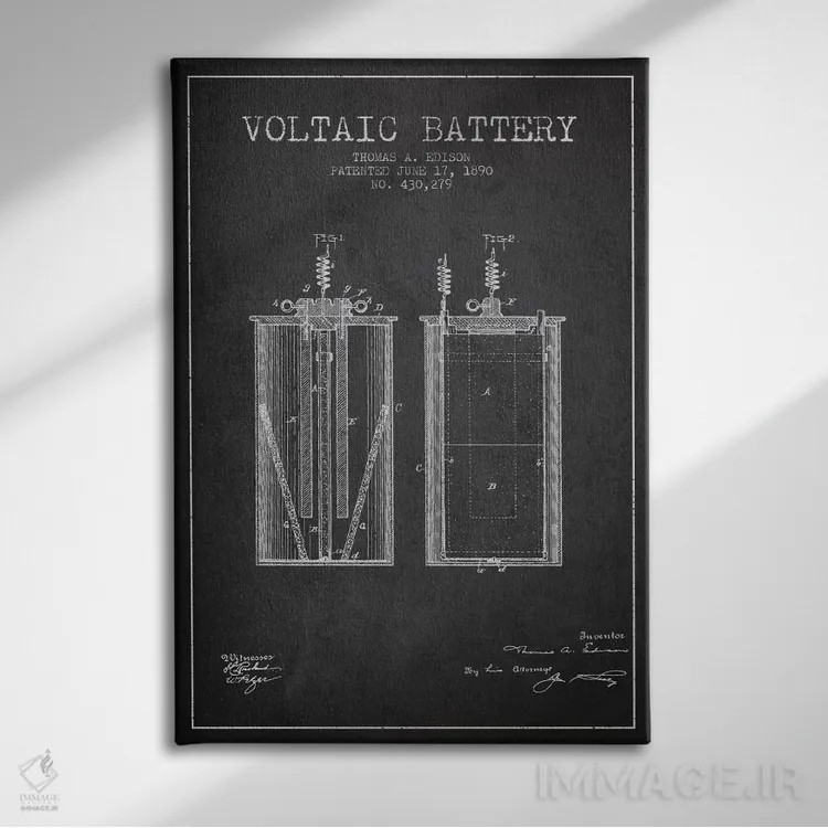 تابلو نقشهٔ اختراع باتری ولتایی (ذغالی) اثر پیکسل کهنه (استودیو/نام هنری) - نمای روبهرو روی دیوار