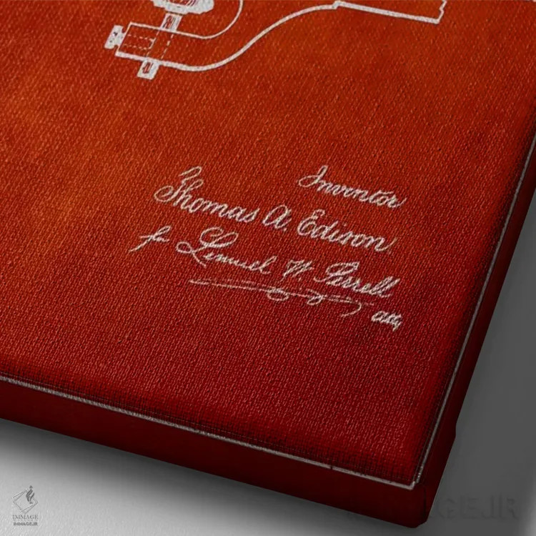 تابلو نقشهٔ اختراع چراغهای برقی (قرمز) اثر پیکسل کهنه (استودیو/نام هنری) - نمای نزدیک بافت بوم