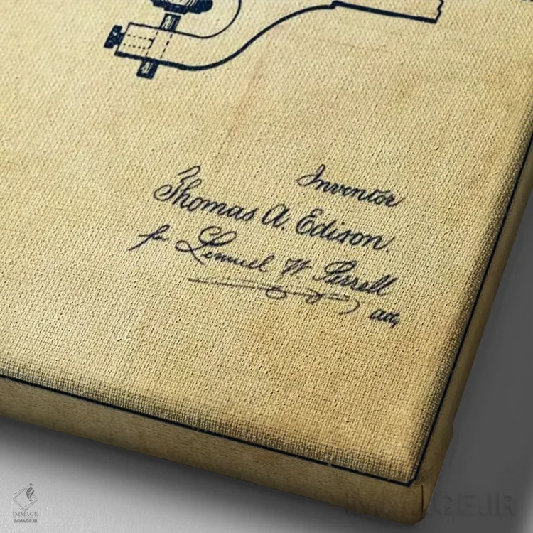 تابلو نقشهٔ اختراع چراغهای برقی (قدیمی) اثر پیکسل کهنه (استودیو/نام هنری) - نمای نزدیک بافت بوم