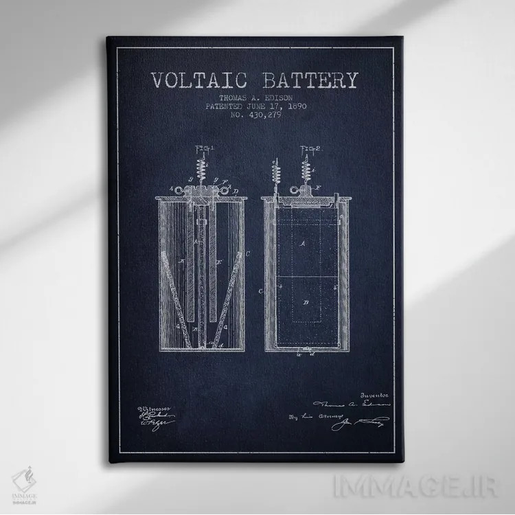 تابلو نقشهٔ اختراع باتری ولتایی (سرمهای) اثر پیکسل کهنه (استودیو/نام هنری) - نمای روبهرو روی دیوار