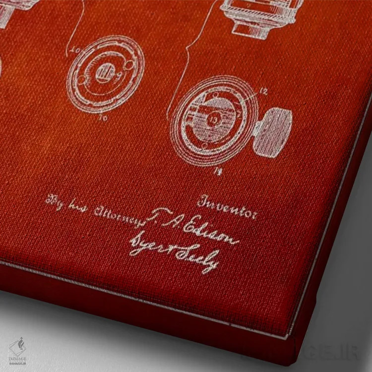 تابلو نقشهٔ اختراع پایه لامپ (قرمز) اثر پیکسل کهنه (استودیو/نام هنری) - نمای نزدیک بافت بوم