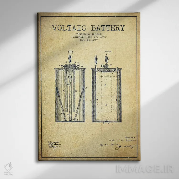 تابلو نقشهٔ اختراع باتری ولتایی (قدیمی) اثر پیکسل کهنه (استودیو/نام هنری) - نمای روبهرو روی دیوار