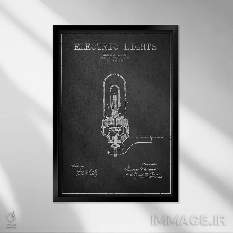 تابلو نقشهٔ اختراع چراغهای برقی (ذغالی) اثر پیکسل کهنه (استودیو/نام هنری) - نمای قابدار مشکی