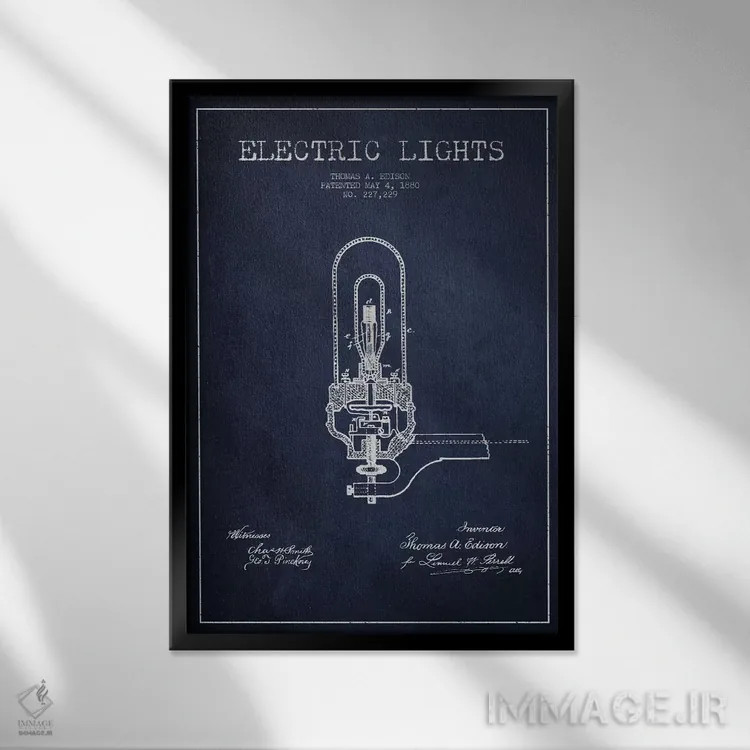 تابلو نقشهٔ اختراع چراغهای برقی (سرمهای) اثر پیکسل کهنه (استودیو/نام هنری) - نمای قابدار مشکی
