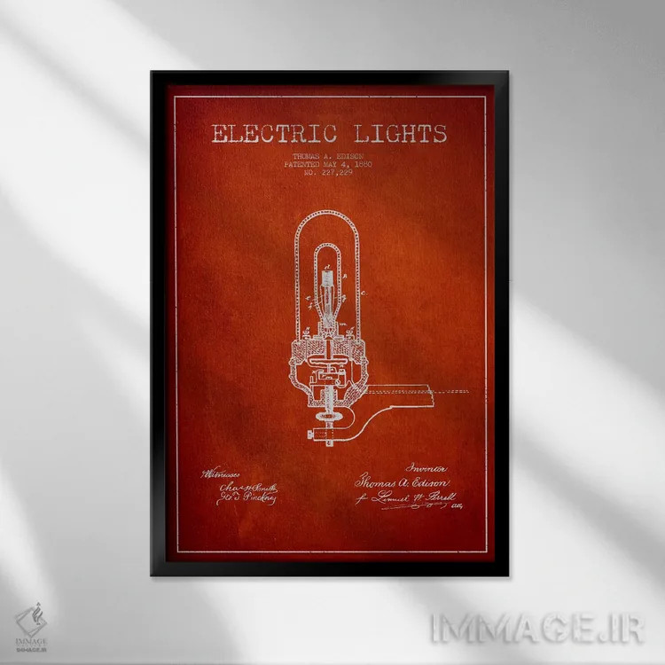 تابلو نقشهٔ اختراع چراغهای برقی (قرمز) اثر پیکسل کهنه (استودیو/نام هنری) - نمای قابدار مشکی