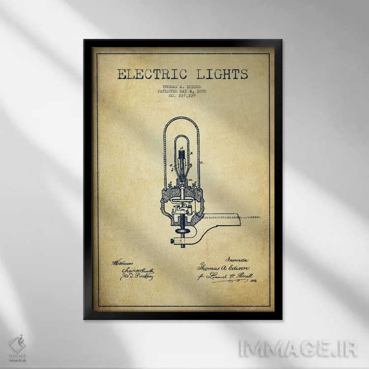 تابلو نقشهٔ اختراع چراغهای برقی (قدیمی) اثر پیکسل کهنه (استودیو/نام هنری) - نمای قابدار مشکی