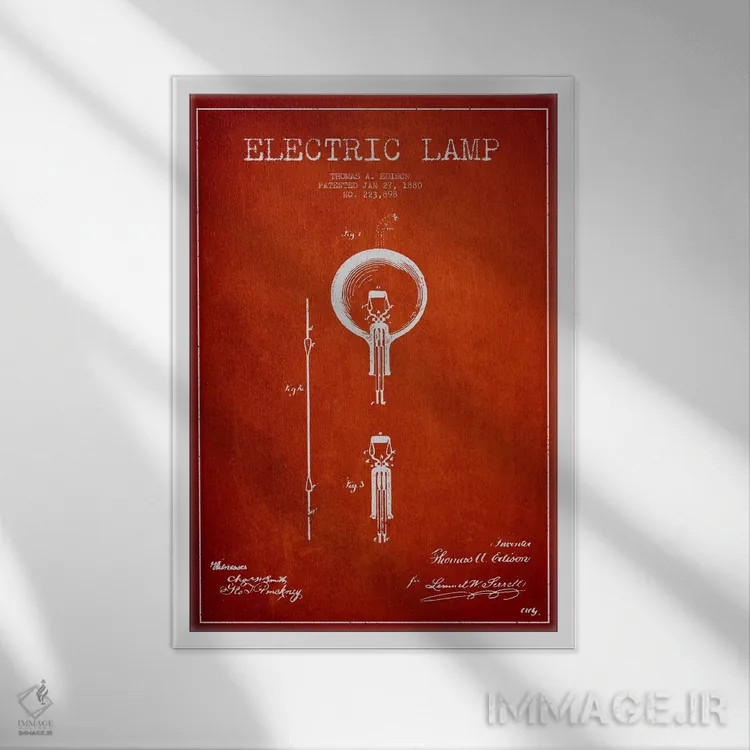 تابلو نقشهٔ اختراع چراغ برقی (قرمز) اثر پیکسل کهنه (استودیو/نام هنری) - نمای قابدار سفید