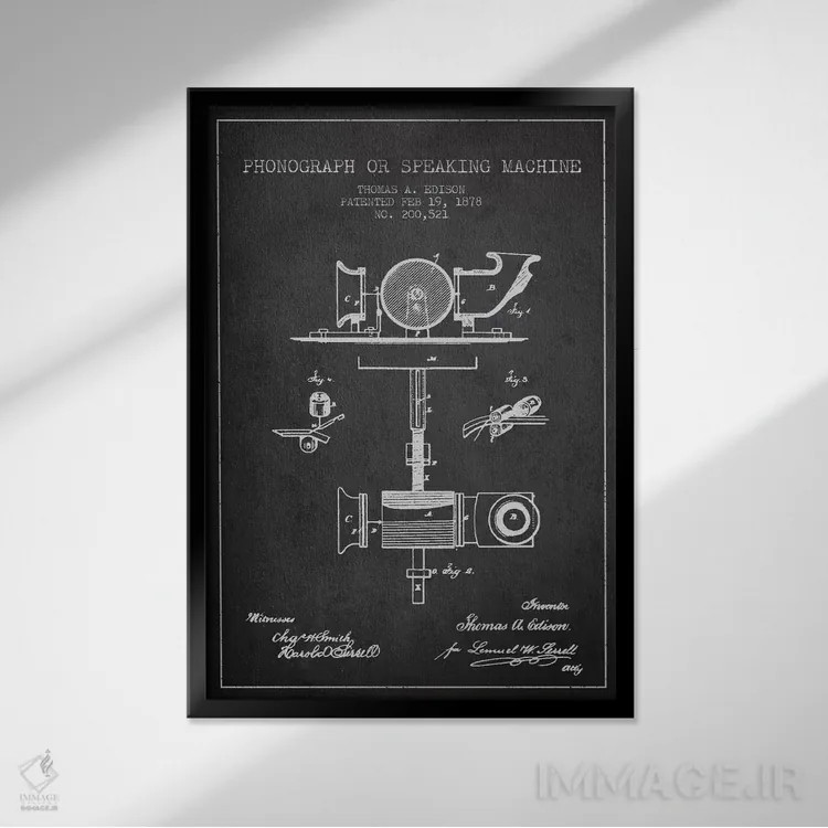 تابلو نقشهٔ اختراع گرامافون (ذغالی) اثر پیکسل کهنه (استودیو/نام هنری) - نمای قابدار مشکی