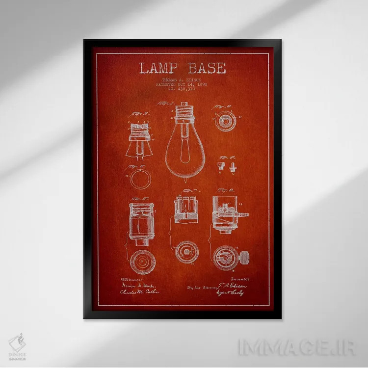 تابلو نقشهٔ اختراع پایه لامپ (قرمز) اثر پیکسل کهنه (استودیو/نام هنری) - نمای قابدار مشکی