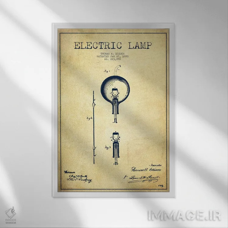 تابلو نقشهٔ اختراع چراغ برقی (قدیمی) اثر پیکسل کهنه (استودیو/نام هنری) - نمای قابدار سفید