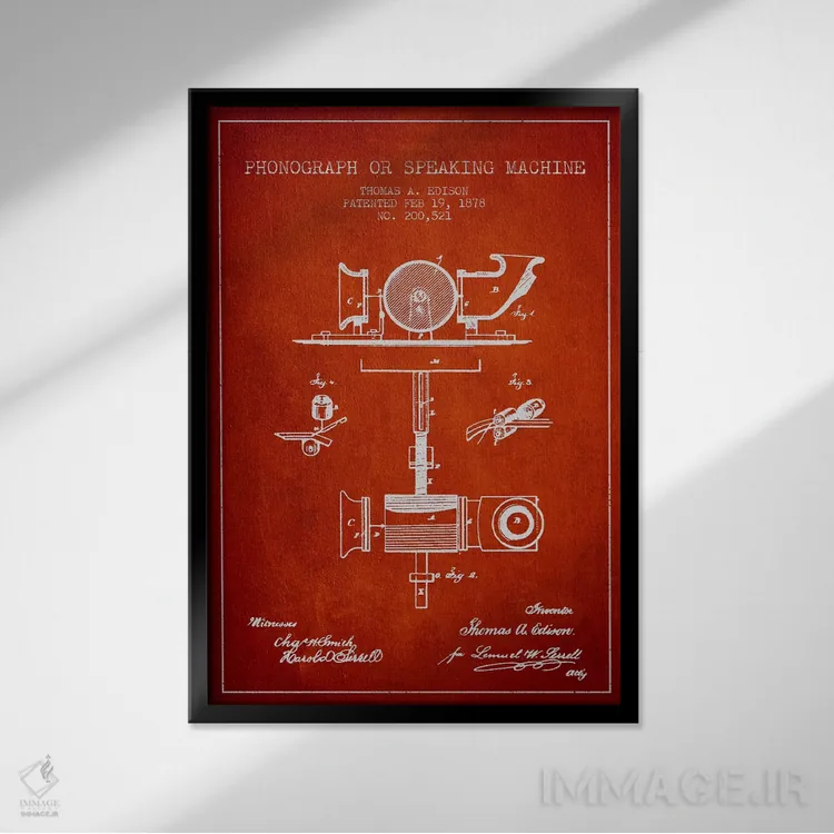تابلو نقشهٔ اختراع گرامافون (قرمز) اثر پیکسل کهنه (استودیو/نام هنری) - نمای قابدار مشکی
