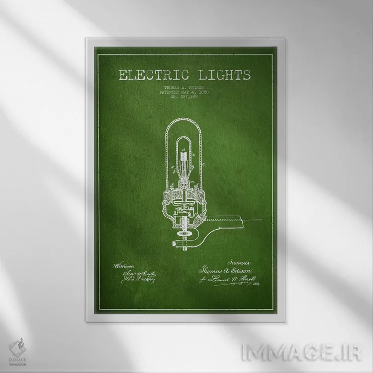 تابلو نقشهٔ اختراع چراغهای برقی (سبز) اثر پیکسل کهنه (استودیو/نام هنری) - نمای قابدار سفید