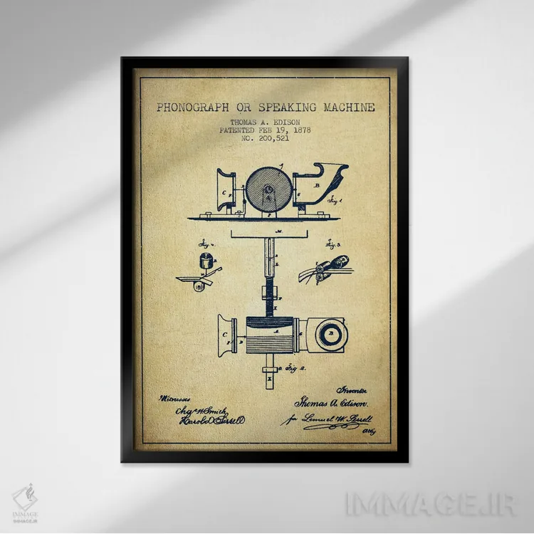 تابلو نقشهٔ اختراع گرامافون (قدیمی) اثر پیکسل کهنه (استودیو/نام هنری) - نمای قابدار مشکی