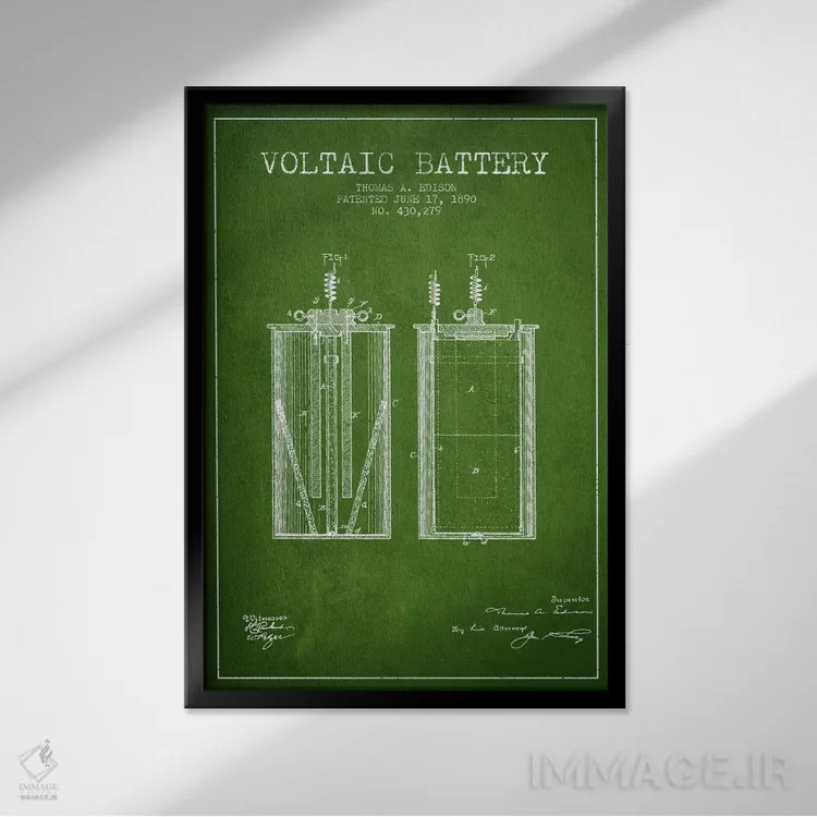 تابلو نقشهٔ اختراع باتری ولتایی (سبز) اثر پیکسل کهنه (استودیو/نام هنری) - نمای قابدار مشکی