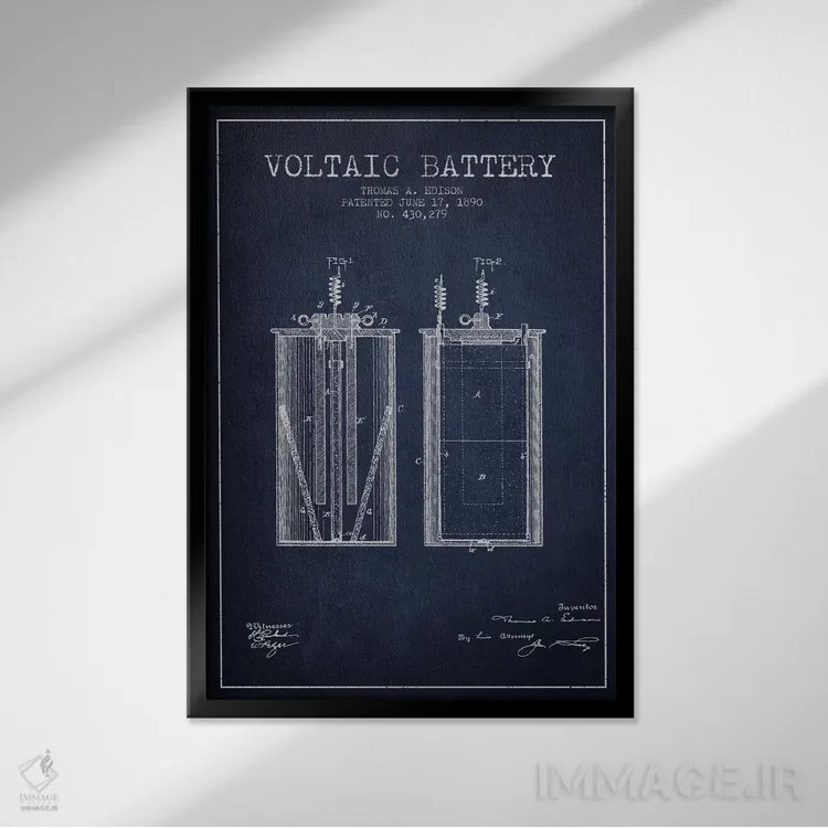 تابلو نقشهٔ اختراع باتری ولتایی (سرمهای) اثر پیکسل کهنه (استودیو/نام هنری) - نمای قابدار مشکی