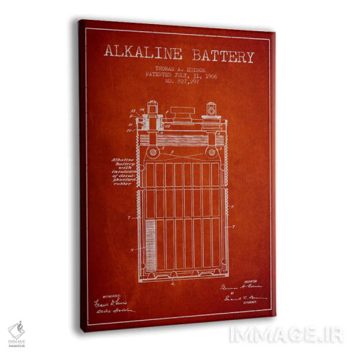 تابلو نقشهٔ اختراع باتری قلیایی (قرمز) اثر پیکسل کهنه (استودیو/نام هنری) - نمای پرسپکتیو محصول