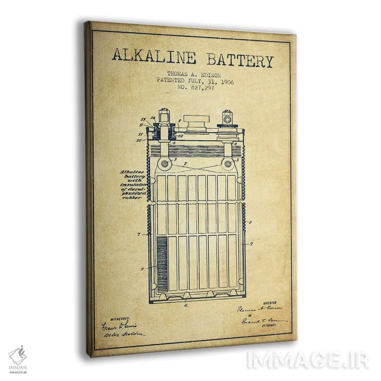 تابلو نقشهٔ اختراع باتری قلیایی (قدیمی) اثر پیکسل کهنه (استودیو/نام هنری) - نمای پرسپکتیو محصول