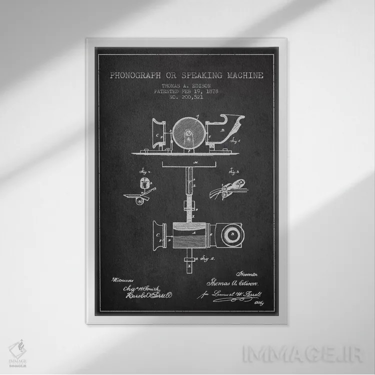 تابلو نقشهٔ اختراع گرامافون (ذغالی) اثر پیکسل کهنه (استودیو/نام هنری) - نمای قابدار سفید